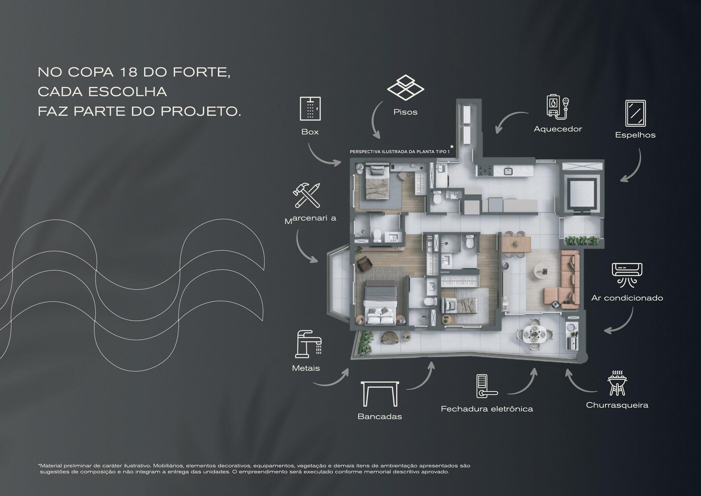 Diagrama dos itens personalizáveis do Personaliza NLS: pisos, box, marcenaria, metais, bancadas, fechadura eletrônica, churrasqueira, ar-condicionado, aquecedor e espelhos